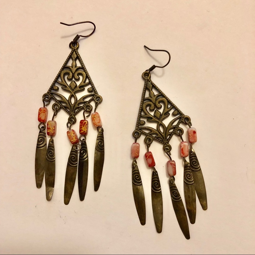 Gold Chandelier Earrings with Pink Stones